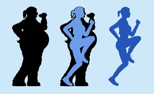 Fat and slim woman exercising silhouette. All the objects are in different layers. - Vector, Image