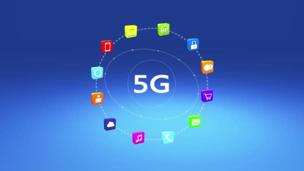 4k, 5G szimbólum, virtuális internet koncepció, on-line szolgáltatások modulok ikonok-vita, közösségi média, e-mail, e-shop, felhő számítástechnika, zene, okostelefon, chart, zár. - Felvétel, videó