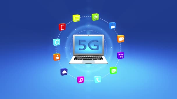 4k 5G symbol on the notebook screen, virtual internet concept, on-line services gadgets icons-discussion, social media, e-mail, e-shop, cloud computing, music, smartphone, chart, lock
. - Кадры, видео