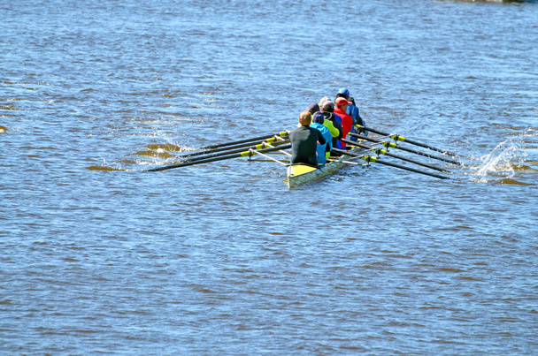 A team of rowers in a sports boat.The training takes place on the river. - Photo, Image