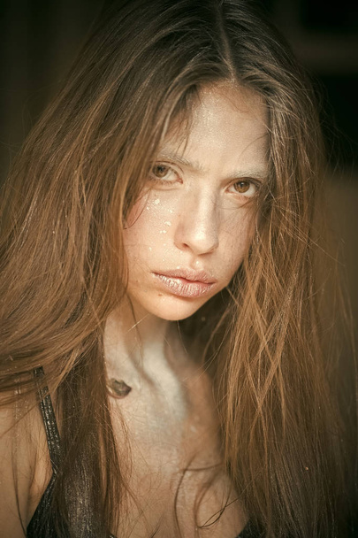 tired woman. Fashion art studio portrait of elegant woman with silver lips - Fotografie, Obrázek