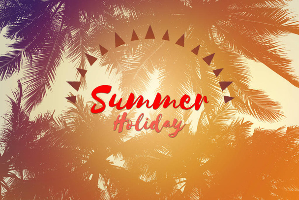 Summer holiday words on silhouette of coconut tree - Vintage Tones Color. - Photo, Image