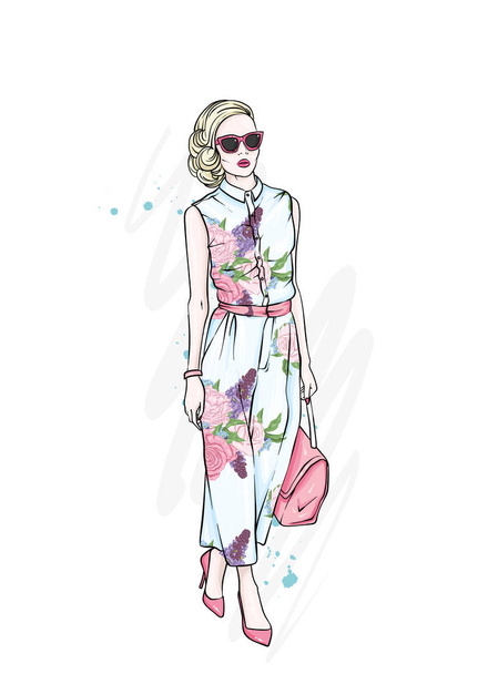 Beautiful girl in a stylish suit, shoes, glasses and with a bag. Fashionable clothes and accessories. Fashion & Style. Vector illustration for a postcard or a poster. Woman in trousers. - Vettoriali, immagini