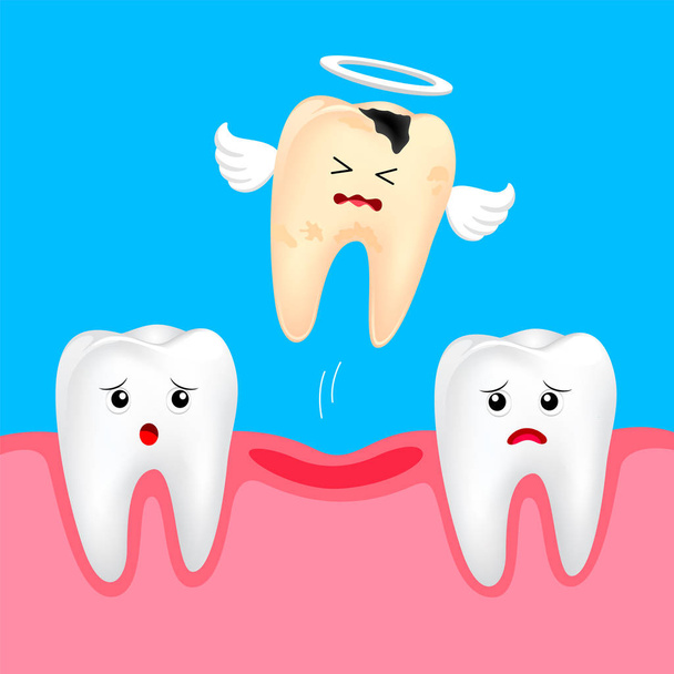 面白いかわいい漫画の不足している歯。歯科治療のコンセプトです。青の背景に分離されたの図. - ベクター画像