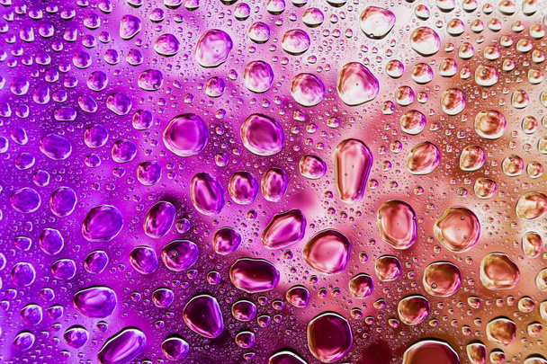 Close-up van een druppel water tegen een paars, roze en rode rook op witte achtergrond, condensatie op de achtergrond van een gradiënt - Foto, afbeelding
