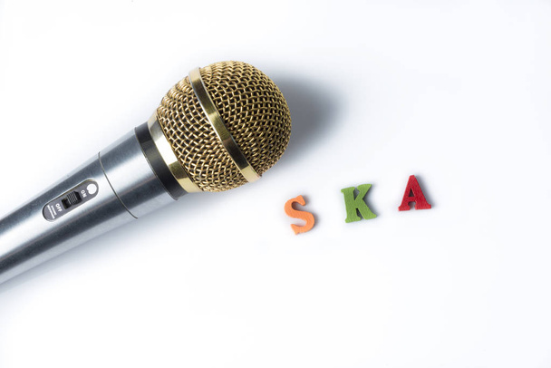 Microfone em um fundo branco com as palavras ska de letras coloridas
. - Foto, Imagem