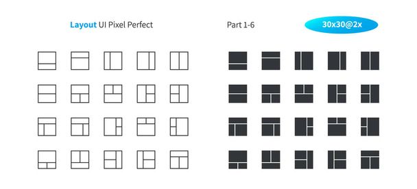 Rozložení Ui Pixel perfektní kvalitní vektorové tenká linie a pevné ikony 30 2 x mřížky pro webové grafiky a aplikace. Jednoduchý piktogram minimální část 1-6 - Vektor, obrázek