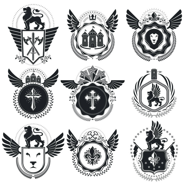 Vintage emblems, vector heraldic designs. Coat of Arms collection, vector set. - Vecteur, image