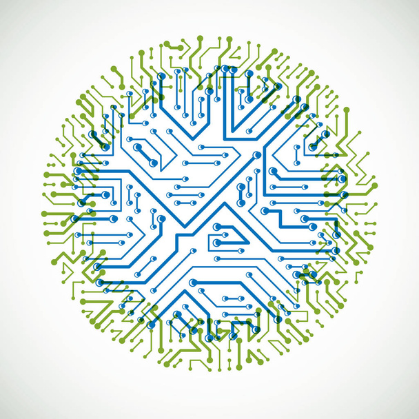 Vector abstract computer circuit board colorful illustration, green and blue round technology element with connections. Electronics theme web design. - Vector, Image
