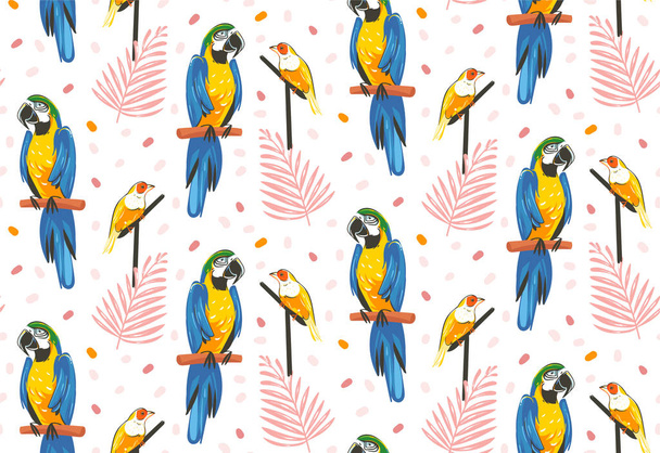 Ręka ciągnione wektor streszczenie kreskówka czas letni dekoracji graficznej ilustracji sztuki bezszwowe wzór z egzotycznych tropikalnych lasów deszczowych Gouldian finch i papuga Ara ptaków na białym tle - Wektor, obraz