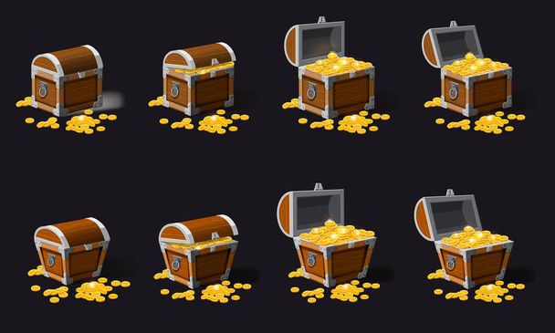 Set old pirate chests full of treasures, gold coins, vector, cartoon style, illustration, isolated. For games, advertising applications - Vector, Image
