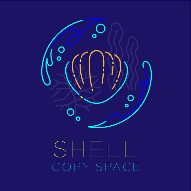 Shellfish, Water splash, Coral, Seaweed and Air bubble icon outline stroke set dash line design illustration isolated on dark blue background with Shell text and copy space - Vector, Image
