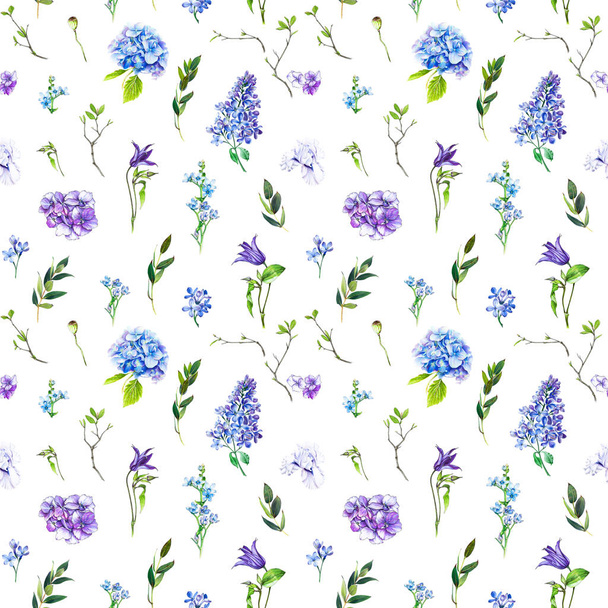 Multi-floral seamless pattern with different flowers. lllustration of a hydrangea, lilac, twigs and other flowers on a white background. - Photo, Image