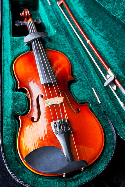 violino con fiocco in caso di velluto verde
 - Foto, immagini