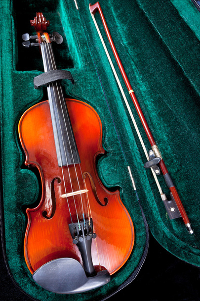 violin with bow in green velvet case - Φωτογραφία, εικόνα