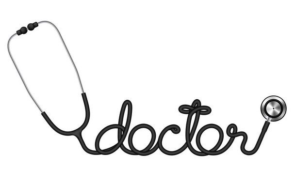 Sztetoszkóp, fekete színű és orvos szöveg készült kábel elszigetelt fehér background, másol hely - Vektor, kép