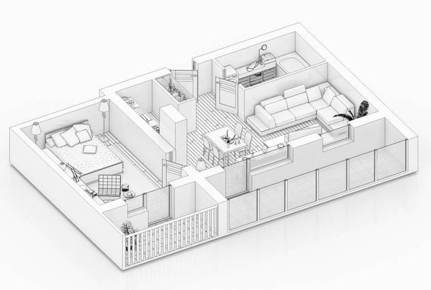 Γραμμή σχεδίασης κάτοψη σε λευκό φόντο, πλαστή μέχρι επιπλωμένο σπίτι διαμέρισμα - Φωτογραφία, εικόνα