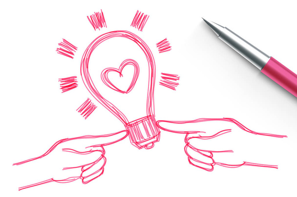 カップル手シンボル手ペン スケッチ ピンク色、コピー スペースと、白い背景で隔離のバレンタイン コンセプト設計図で描画すると心電球 - ベクター画像