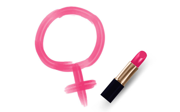 コピー スペースと、白い背景で隔離のピンクの口紅の色で女性のシンボルの書き込み - ベクター画像