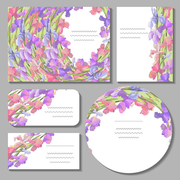 Set with floral romantic templates. Irises. For design gift boxes, announcements, postcards, posters, invitations, visit card. - Vektör, Görsel