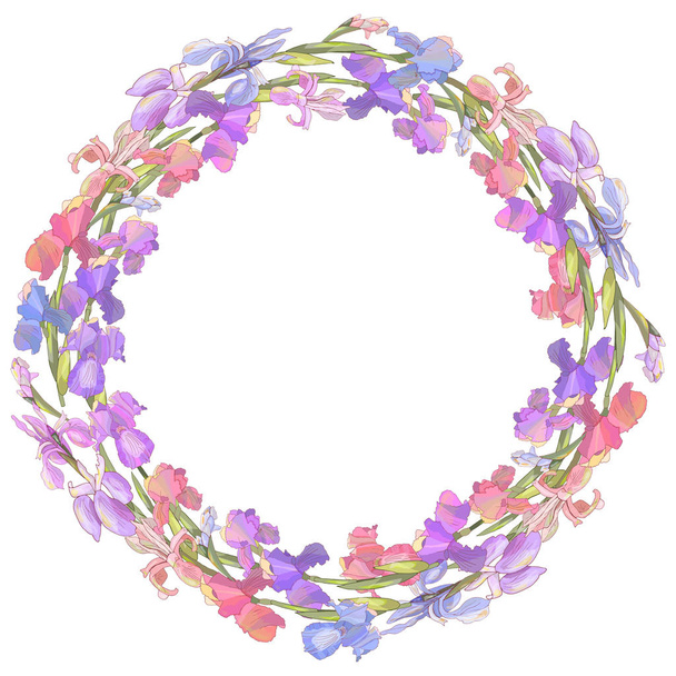 Round season wreath with irises isolated on white. For design gift boxes, announcements, postcards, posters, invitations - Vector, Imagen