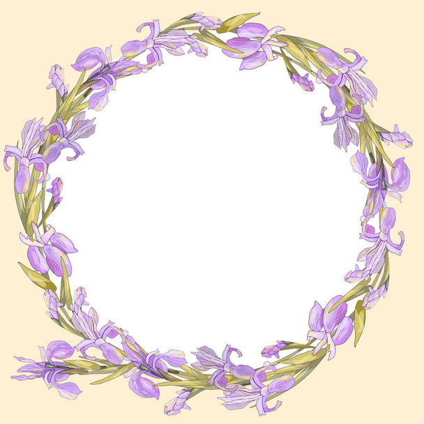 Round season wreath with irises isolated on yellow. For design gift boxes, announcements, postcards, posters, invitations - Вектор,изображение