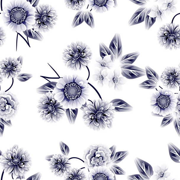 Seamless vintage style flower pattern. Floral elements in contour - Вектор,изображение