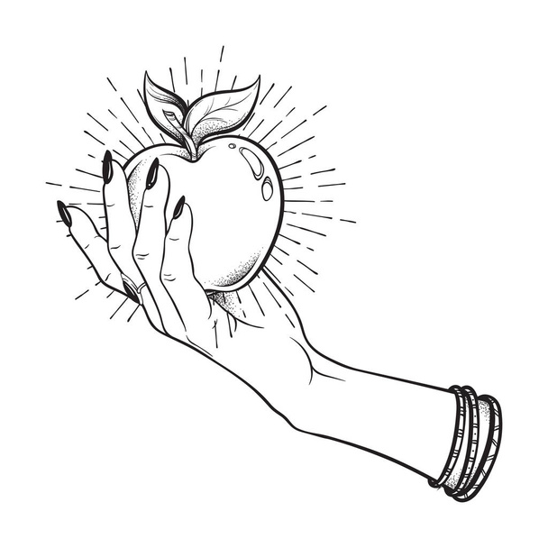 Apple στο γυναικείο χέρι απομονωμένες χέρι γραμμή τέχνης και dot εργασίας διανυσματικά εικονογράφηση. Boho αυτοκόλλητο, εκτύπωση ή blackwork flash τατουάζ σχεδιασμού - Διάνυσμα, εικόνα