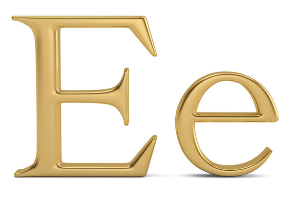Gold metal e alphabet isolated on white background 3D illustration. - Zdjęcie, obraz