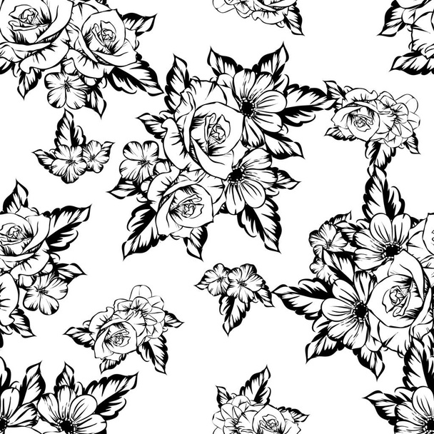 Seamless vintage style flower pattern. Floral elements in contour - Vector, Imagen