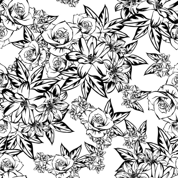 Seamless vintage style flower pattern. Floral elements in contour - Vector, imagen