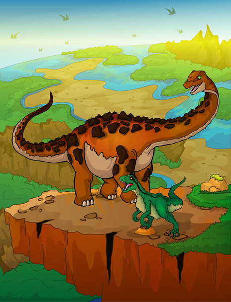 Diplodocus and raptor with landscape background. Vector illustration. - Vector, Image