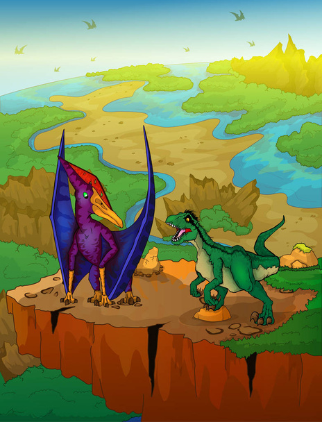 Pteranodon i raptor z tłem krajobrazu. Ilustracja wektorowa. - Wektor, obraz