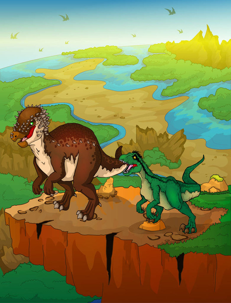 Pachycephalosaurus and raptor with landscape background. Ilustración vectorial
. - Vector, Imagen