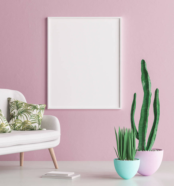 Mock up poster frame interior background with sofa and cactus, 3d render - Photo, Image