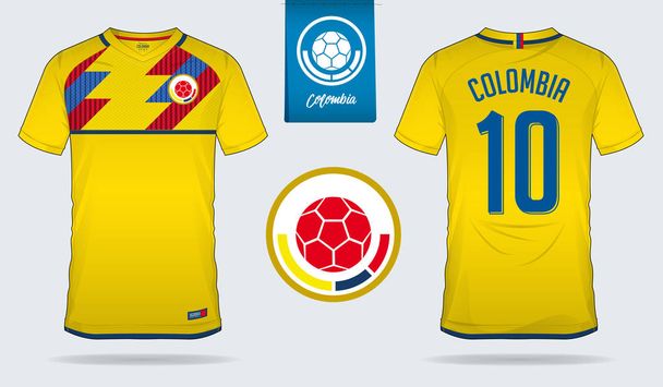 Футбольная футболка или шаблон футбольного комплекта для сборной Колумбии по футболу. Вид спереди и сзади на футбольную форму. Футболка макет с плоским дизайном логотипа. Векторная миграция
 - Вектор,изображение