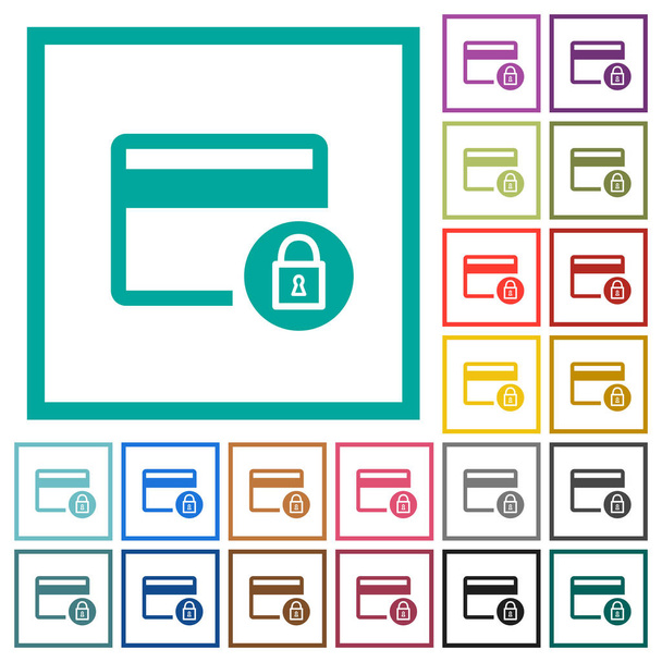 sperren Kreditkartentransaktionen flache Farb-Symbole mit Quadrantenrahmen auf weißem Hintergrund - Vektor, Bild
