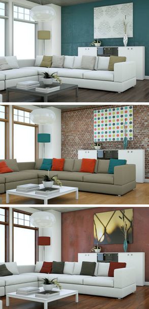 Три кольорові варіації сучасного дизайну інтер'єру лофт
 - Фото, зображення