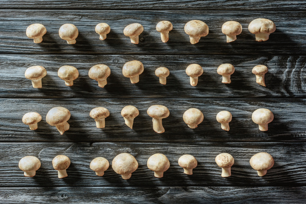 top view of raw champignon mushrooms in rows on wooden surface - 写真・画像