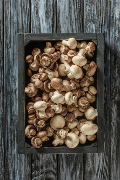 ahşap yüzey üzerinde ham champignon mantar kutusunda üstten görünüm - Fotoğraf, Görsel