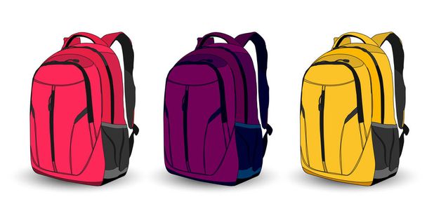 Set of multi-colored school backpacks on a white background - Vector, imagen