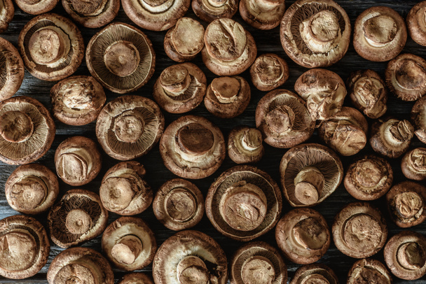 full frame shot of raw champignon mushrooms on wooden surface - Фото, изображение