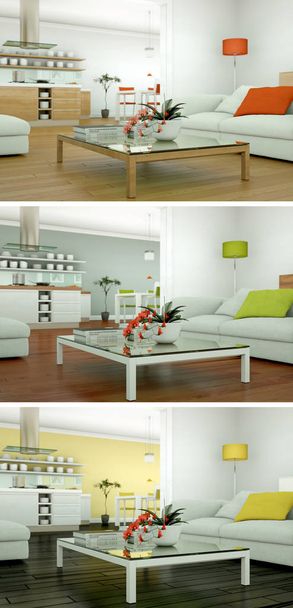 Τρεις χρωματικές παραλλαγές του interior design μιας σύγχρονης σοφίτας - Φωτογραφία, εικόνα