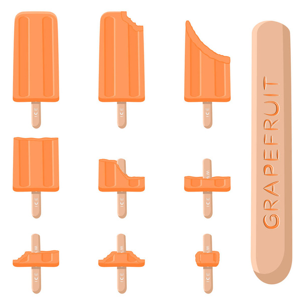 Vektorové ilustrace logo pro přírodní grapefruitové zmrzliny na tyčce. Ice Cream vzorec skládající se z sladké studené icecream, nastavte chutné zmrazené dezert. Čerstvé ovocné zmrzliny oranžové grapefruitů na hole - Vektor, obrázek