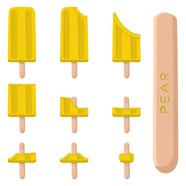 Логотип векторной иллюстрации натурального грушевого мороженого на палочке. Мороженое картина, состоящая из сладкого холодного мороженого, набор вкусный замороженный десерт. Свежие фруктовые леденцы из жёлтых тылов на палочках
. - Вектор,изображение