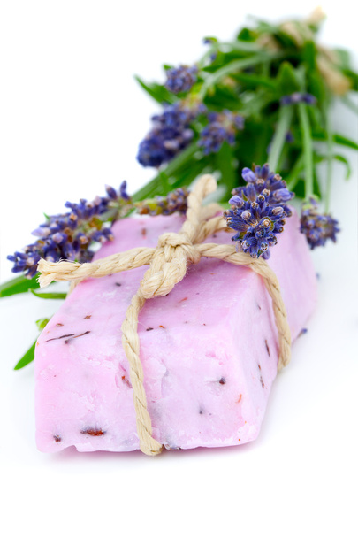 Lavender soap and lavender flower, isolated on white background - Fotografie, Obrázek