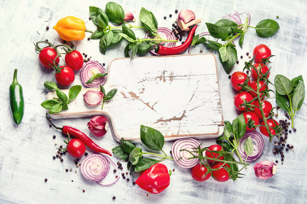 Fresh vegetables and herbs. Healthy food background. Top view  - Foto, Imagen