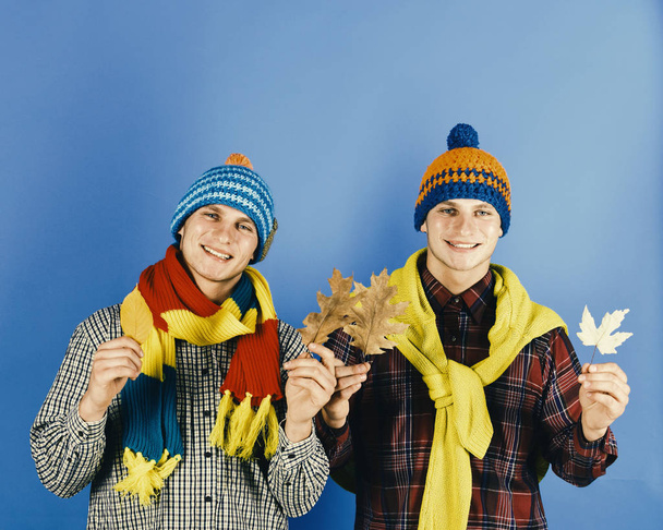 Fall season and family time concept. Men with smiling faces on blue background. Twin brothers wearing warm hats and scarves hold dry leaves. Siblings enjoy autumn time. - Фото, изображение