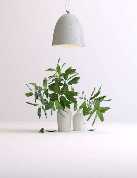 Installation von Pflanzen in einer Vase und Lampen - Foto, Bild