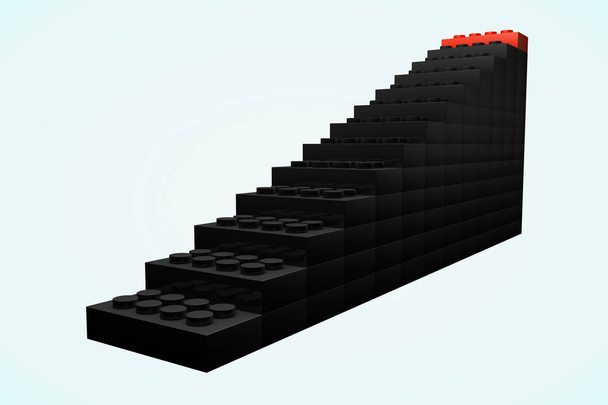 3D haciendo ladrillos de juguete rojo que sobresalen de la multitud de ladrillos de juguete negro. Liderazgo, independencia, iniciativa, estrategia, disenso, pensar diferente, singularidad, concepto de éxito empresarial
 . - Foto, imagen